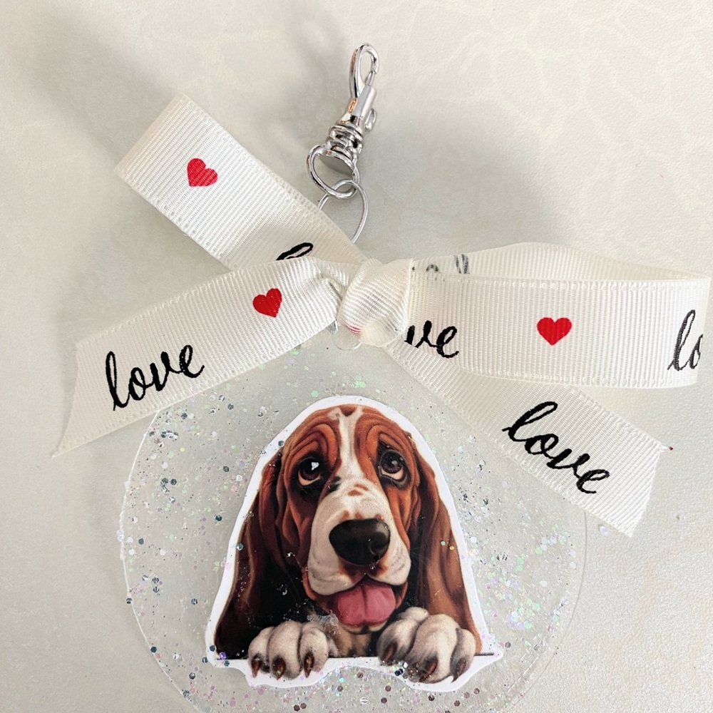 White 'Love' Bow Dog purse or backpack charm with Basset Hound Design